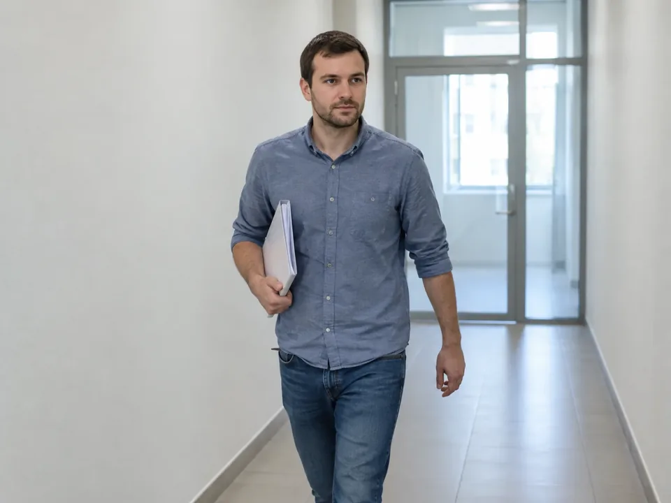 Сотрудник идёт по коридору с папкой